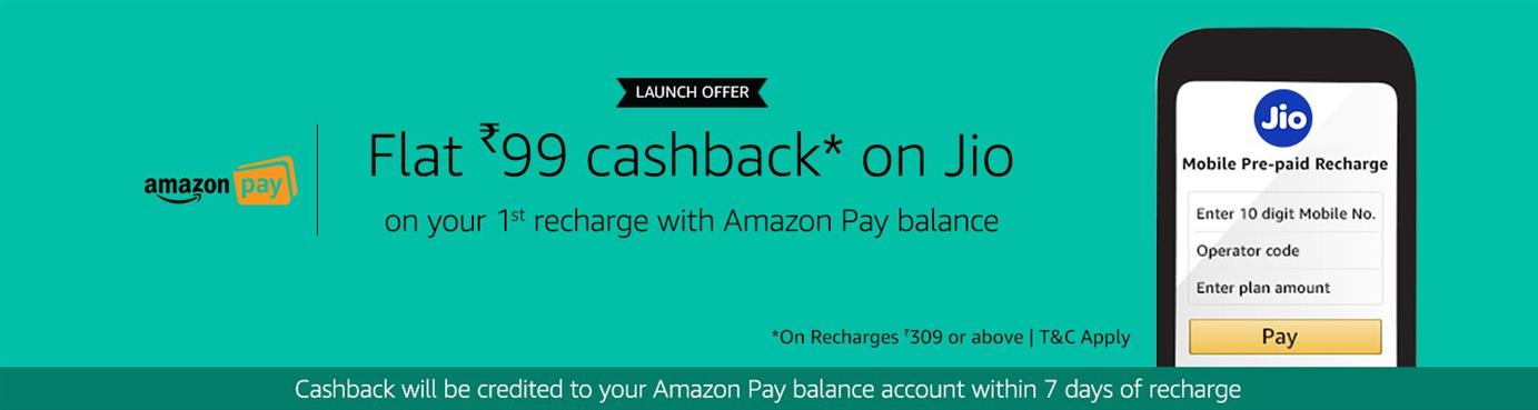 Amazon - Jio Prepaid Recharge Rs.99 Cashback on Rs.309 ,Mobile Recharge 100% Cashback upto Rs. 50