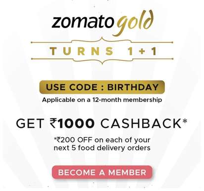 Buy Zomato Gold 12 month Membership & Get Rs.1000 Discount