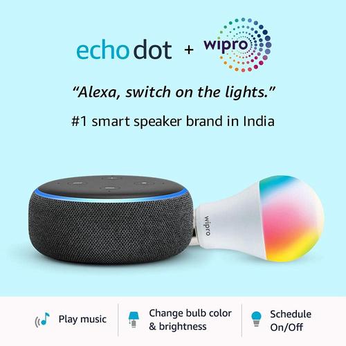 Echo Dot 3rd Gen + Wipro 9W LED Smart Color Bulb - Works with Alexa - Smart Home starter kit