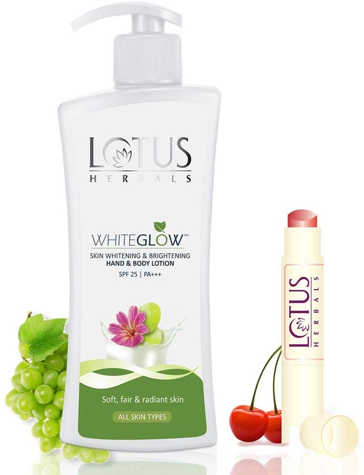 Lotus Herbals Whiteglow Skin Whitening & Brightening Hand & Body Lotion 300ml With Lip Therpay Cherry 4g, 300 ml
