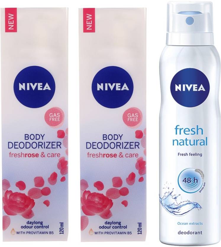 Nivea Rose & Care Body Deodoriser & Fresh Natural Deodorant Combo - Pack of 3 Body Spray - For Women  (450 ml, Pack of 3)