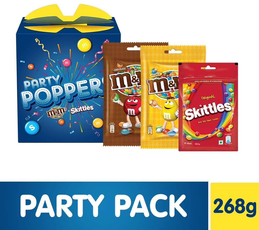 Party Poppers Assorted Chocolates and Candy Diwali Gift Pack (M&M's, Skittles)- 268g