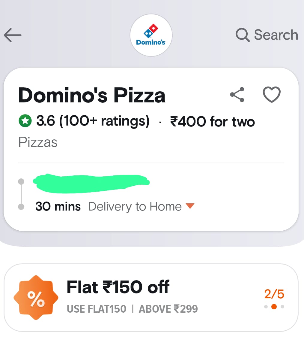 Swiggy - Flat 150 Discount on Domino's Pizza
