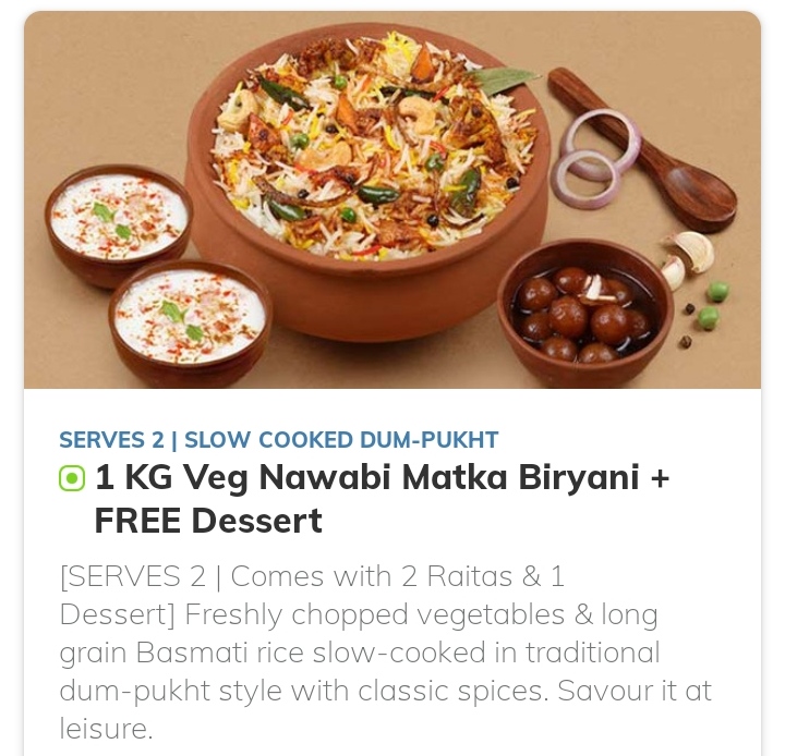 1KG Matka Biryani + Free Dessert From Rs.265 + Rs.500 Cashback