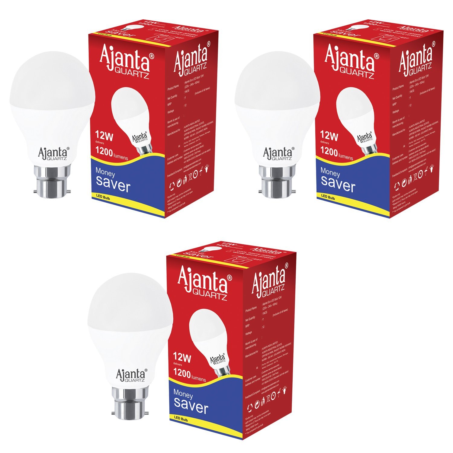 Ajanta Quartz3 Base B22 9-Watt LED Bulb Pack of 3