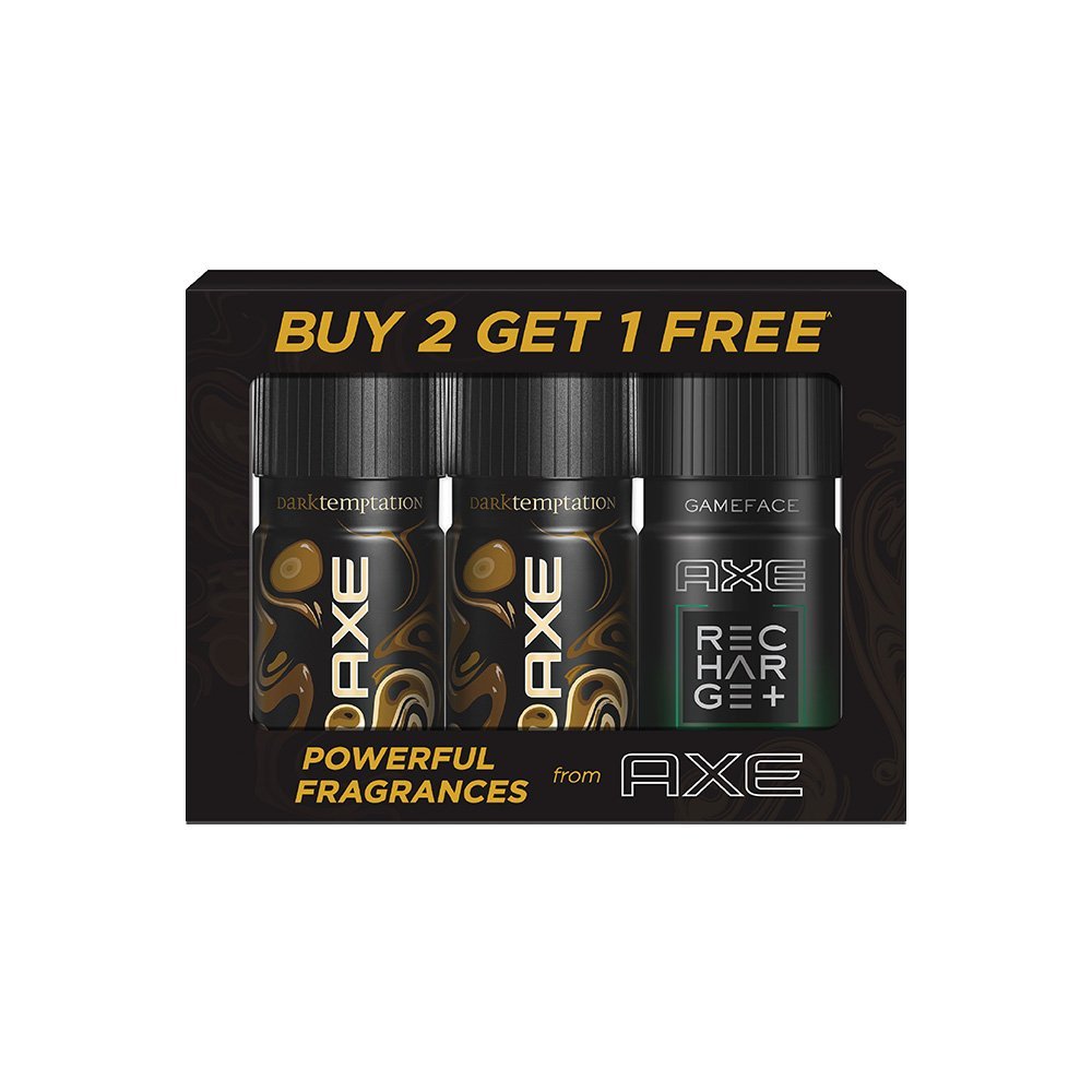 Axe Deodorant, Dark Temptation, 150ml (Pack of 2) with Free Recharge Bodyspray, Game Face, 150ml