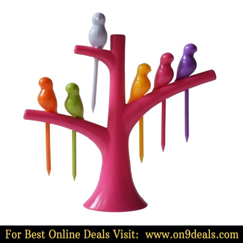 Birdie Plastic Fruit Fork Set with Stand, 6-Pieces