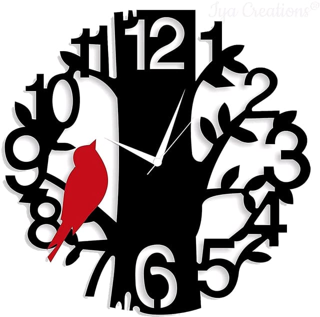 Black Red Sparrow On Tree Round Analog Wall Clock Size 10 Inch