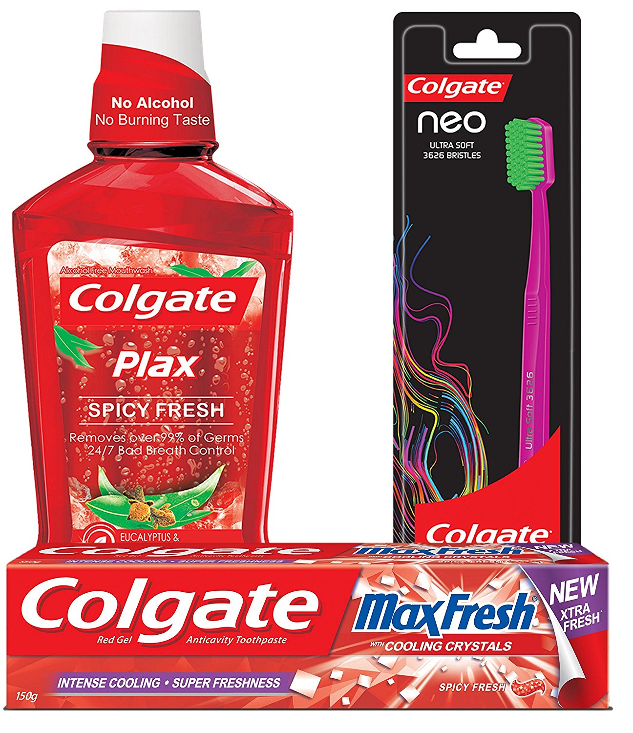 Colgate Freshness Combo (Colgate Max Fresh Red Toothpaste - 150 g, Colgate Ultra Soft Neo Toothbrush, Colgate Plax Spicy Fresh Alcohol Free Mouthwash - 250 ml)