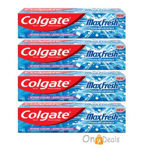 Colgate MaxFresh 600g (150g x 4) Breath Freshener Toothpaste Peppermint Ice Menthol, Cooling crystals controls Bad Breath