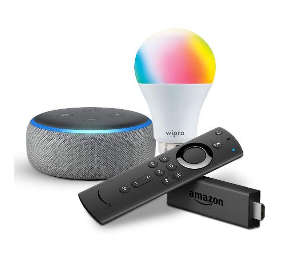 Echo Dot Bundle with Fire TV Stick and Wipro 9W Smart Bulb