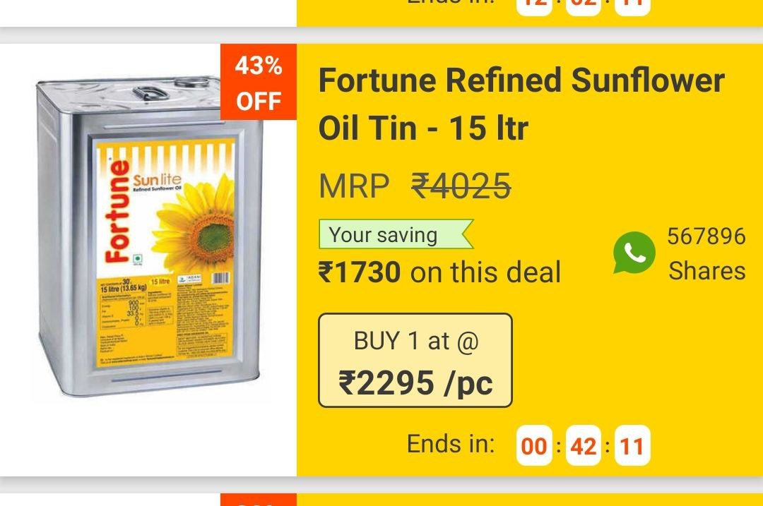 Fortune Refined Sunflower Oil Tin - 15 ltr @ 2295 + Chance to Win SmartPhone