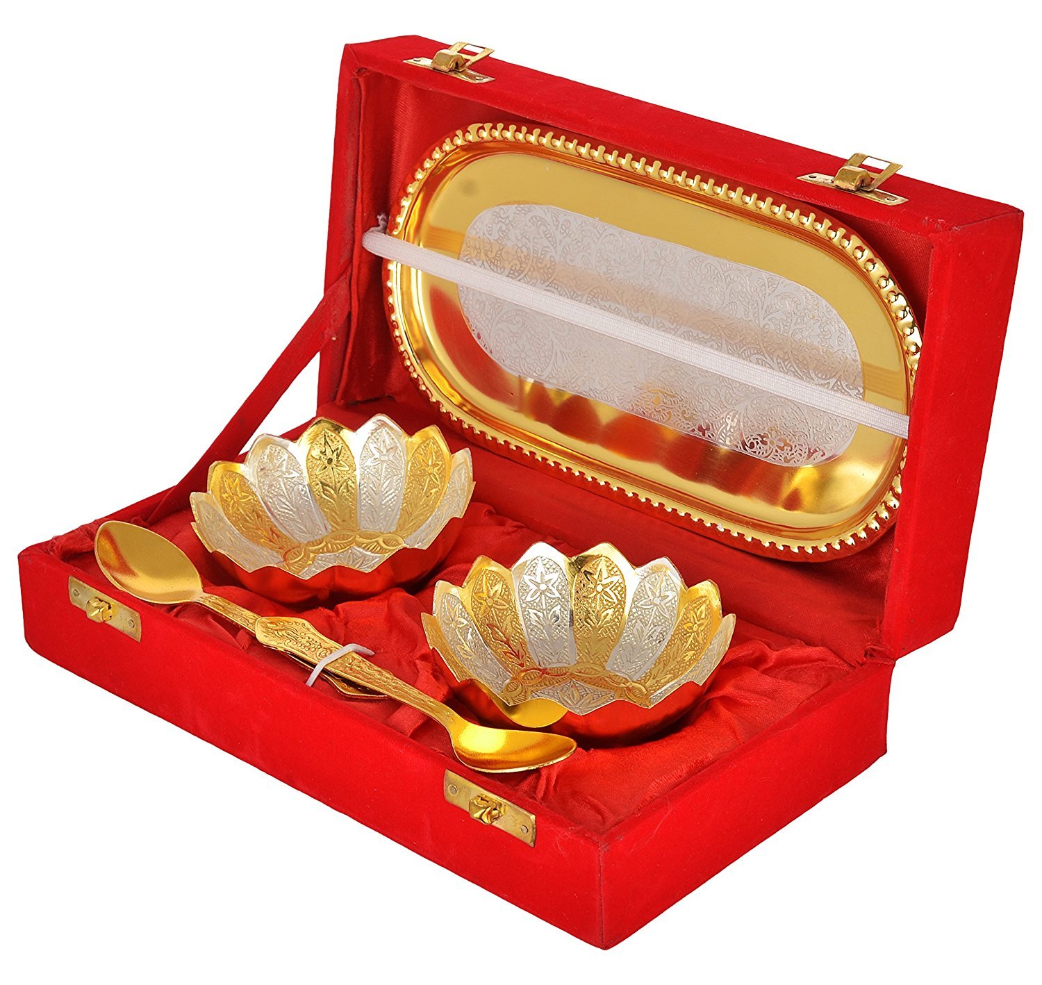 Gold Plated Lotus Bowl with Embossed Tray and Spoon, 4 Inch Each Bowl Full Brass with Red Velvet Box