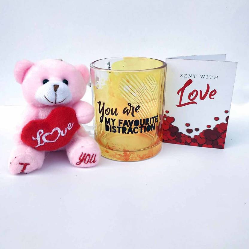 Hot Muggs with Teddy and Card Glass Mug  (350 ml) @ Rs.129