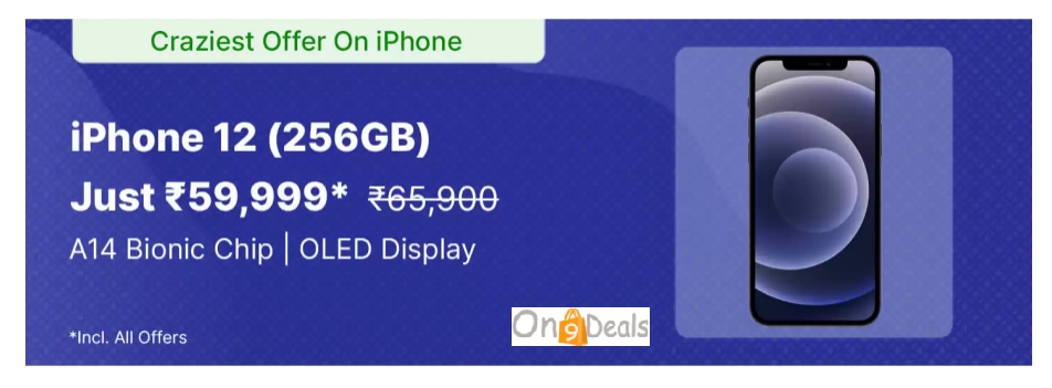 IPhone 12 256GB Storage A14 Bionic Chip OLED Display @ Rs.59,999