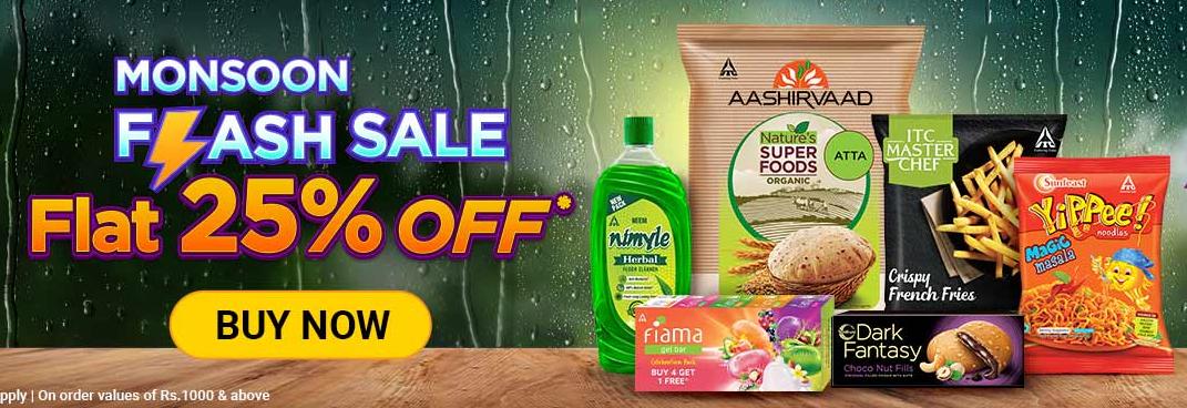ITC Monsoon Flash Sale Buy Aashirvaad Atta, Ghee, Bingo Chips & More Get 25% Discount + Freebie