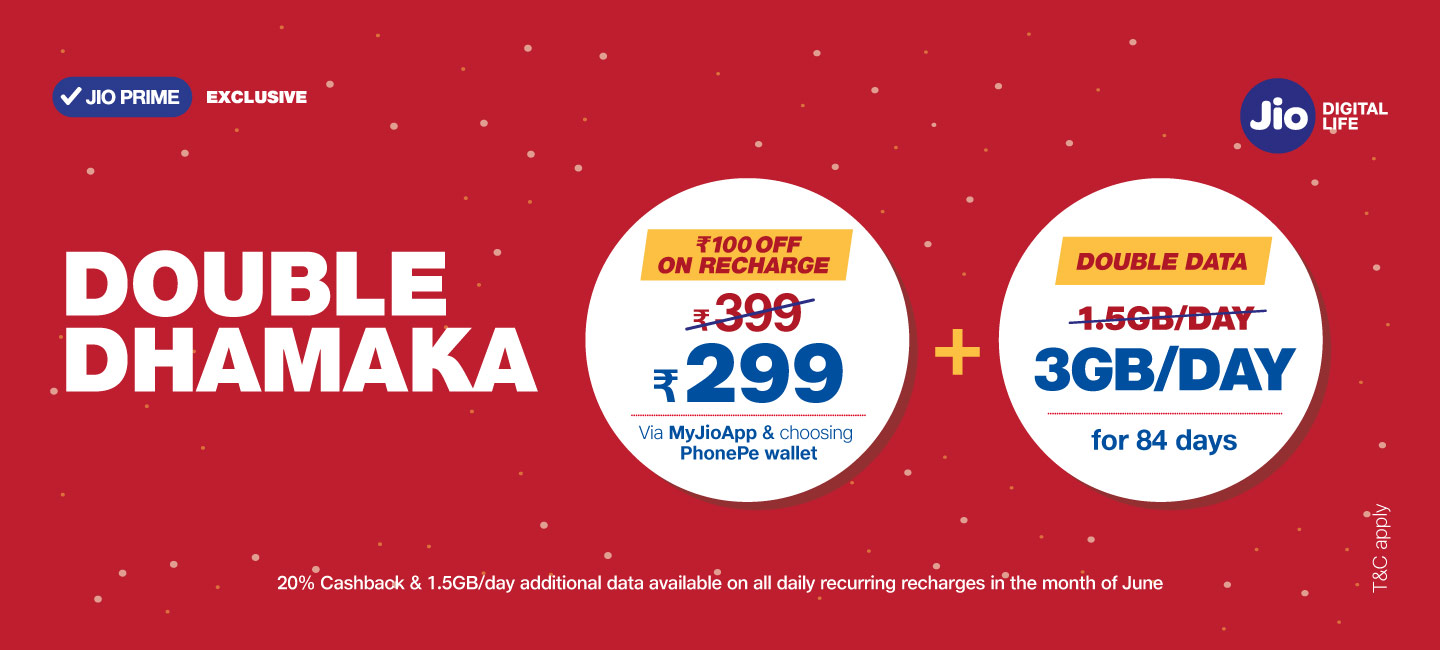 Jio Double Dhamaka Offer Now Get 3gb Data Per Day With On Recharge of Rs.149 or Rs.399 + 20% Cashback With Phonepe