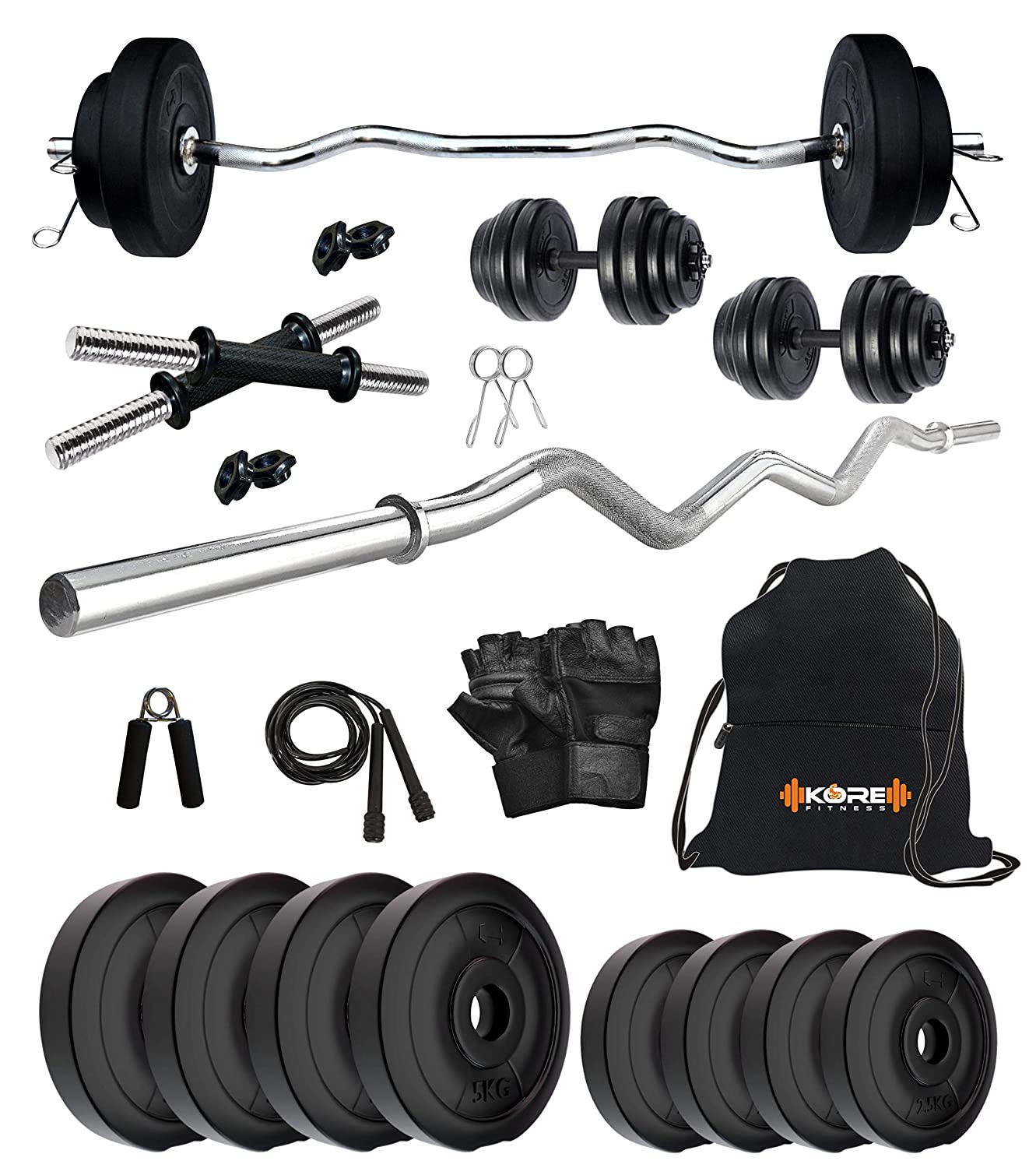 Kore PVC 30 Kg Home Gym Set with One 3 Ft Curl and One Pair Dumbbell Rods with Gym Accessories