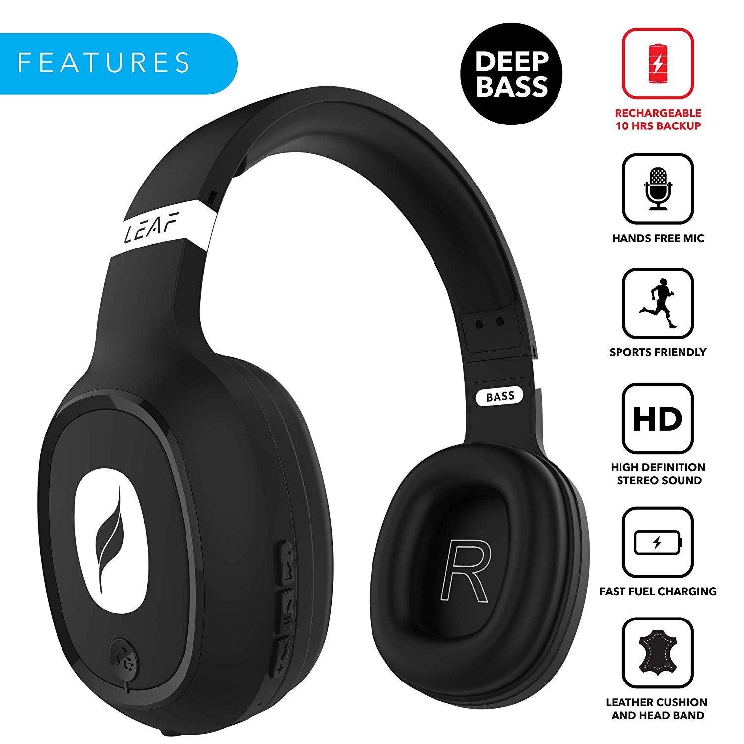 Leaf Bass Wireless Headphones with Mic and 10 Hour Battery Life