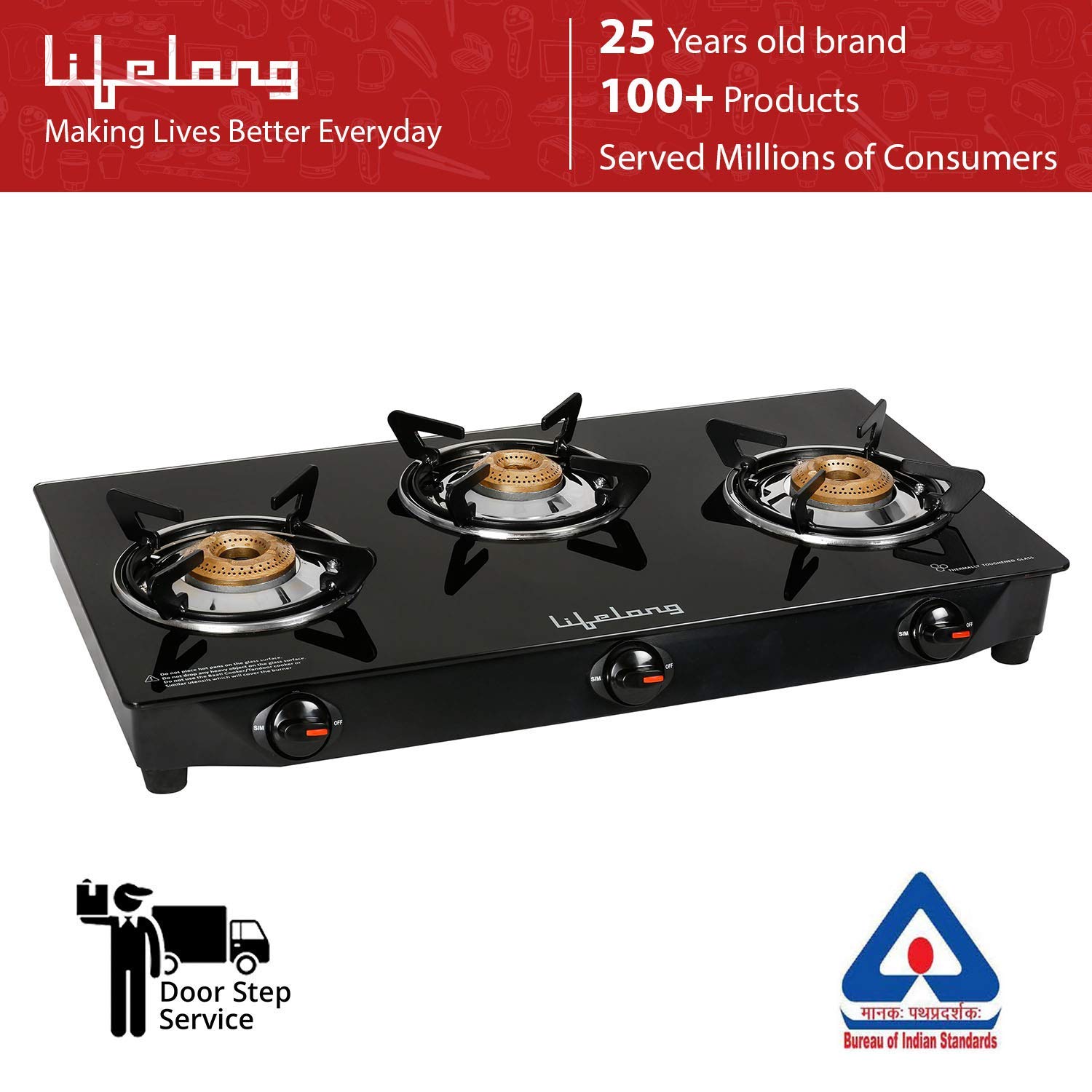 Lifelong Glass Top Gas Stove, 3 Burner Gas Stove, 1 year warranty with Doorstep Service