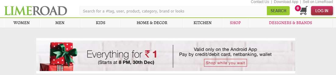 Limeroad Android App - Everything at Re.1  on 30th Dec, Sale Starts at 8:00 Pm