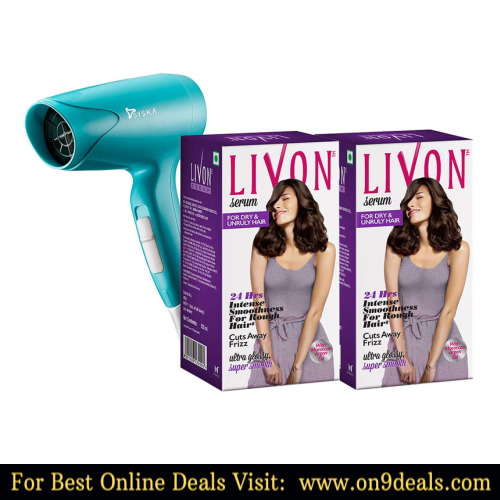 Livon Serum for Dry & Unruly Hair With Moroccan Argan Oil (Pack of 2) + Syska Hair Dryer