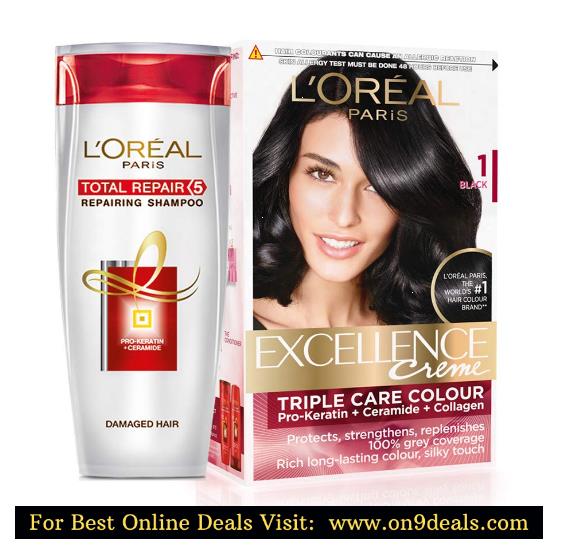 LOreal Paris Excellence Creme Hair Color, 1 Black, 72ml+100g With Free Total Repair 5 Shampoo, 175ml