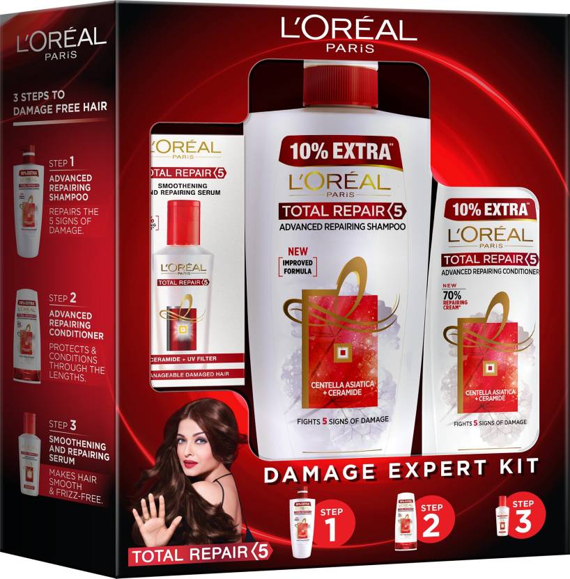 L'Oreal Paris Total Repair 5 Shampoo 640ml Combo with Conditioner, 175ml + Serum, 40ml FREE