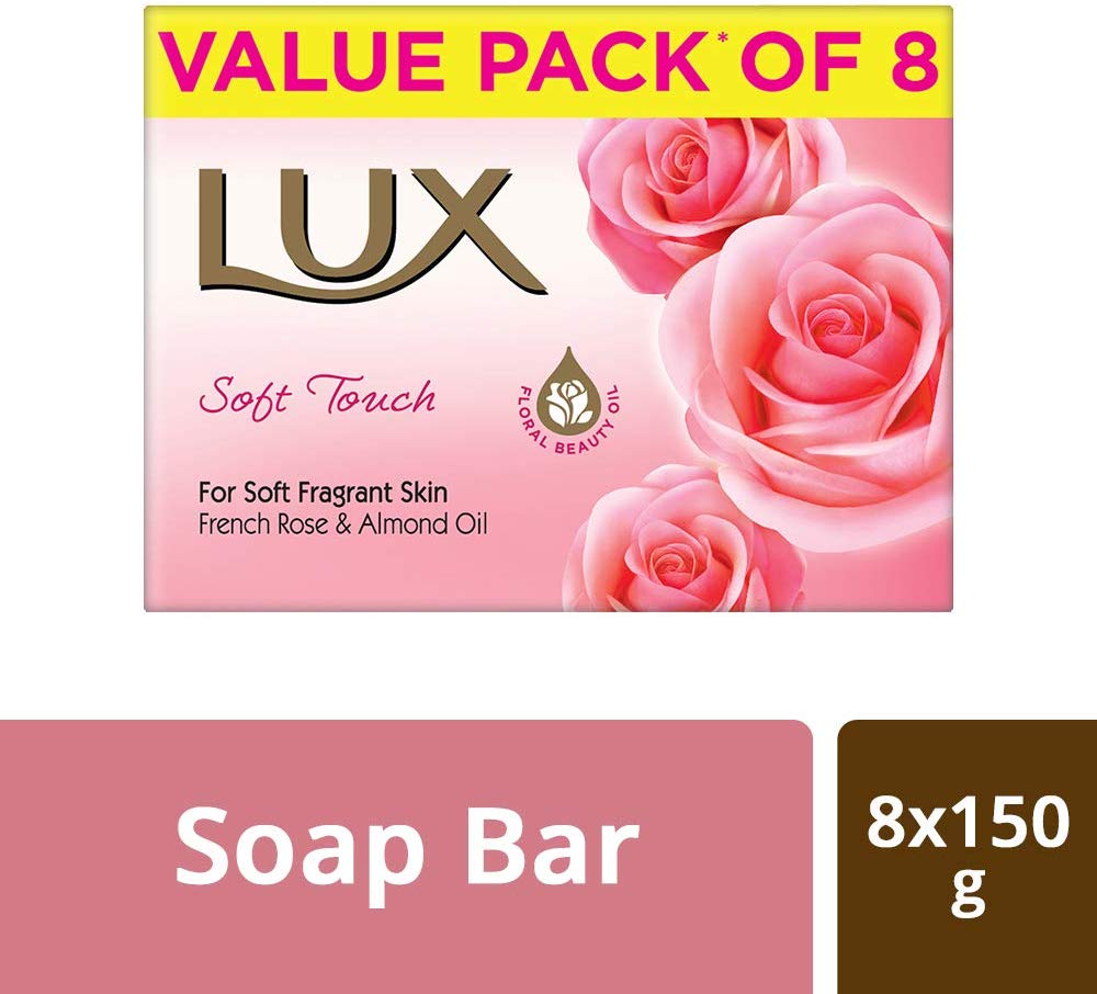 LUX Soft Touch French Rose and Almond Oil Soap Bar, 150 g (Pack of 8)