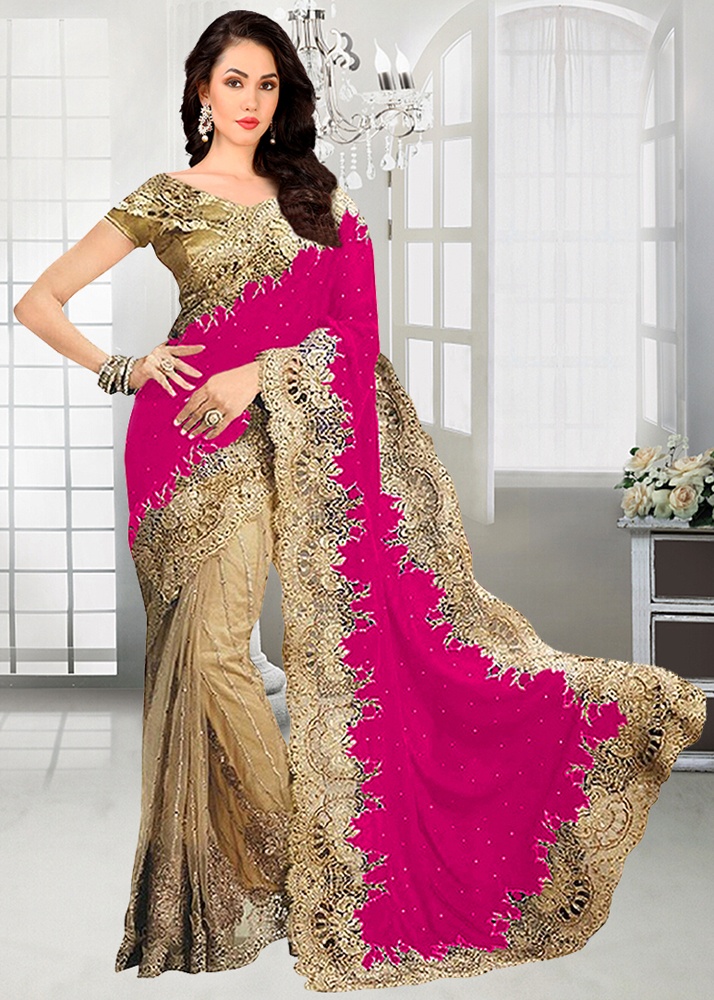 Net & Velvet - Embroidered - Pink & Cream Saree By 1 Stop Fashion