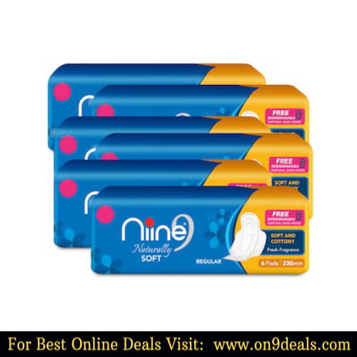 Niine Naturally Soft Regular Sanitary Pads For Women, With Free Free Biodegradable Disposable Bags Inside, 6 Pads (Pack of 6)