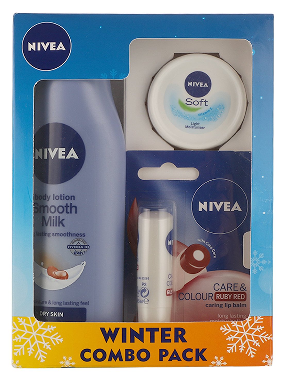 Nivea Smooth Body Milk Lotion, 200ml with Lip Care and Color, Ruby Red, 4.8g and Soft Cream, 25ml