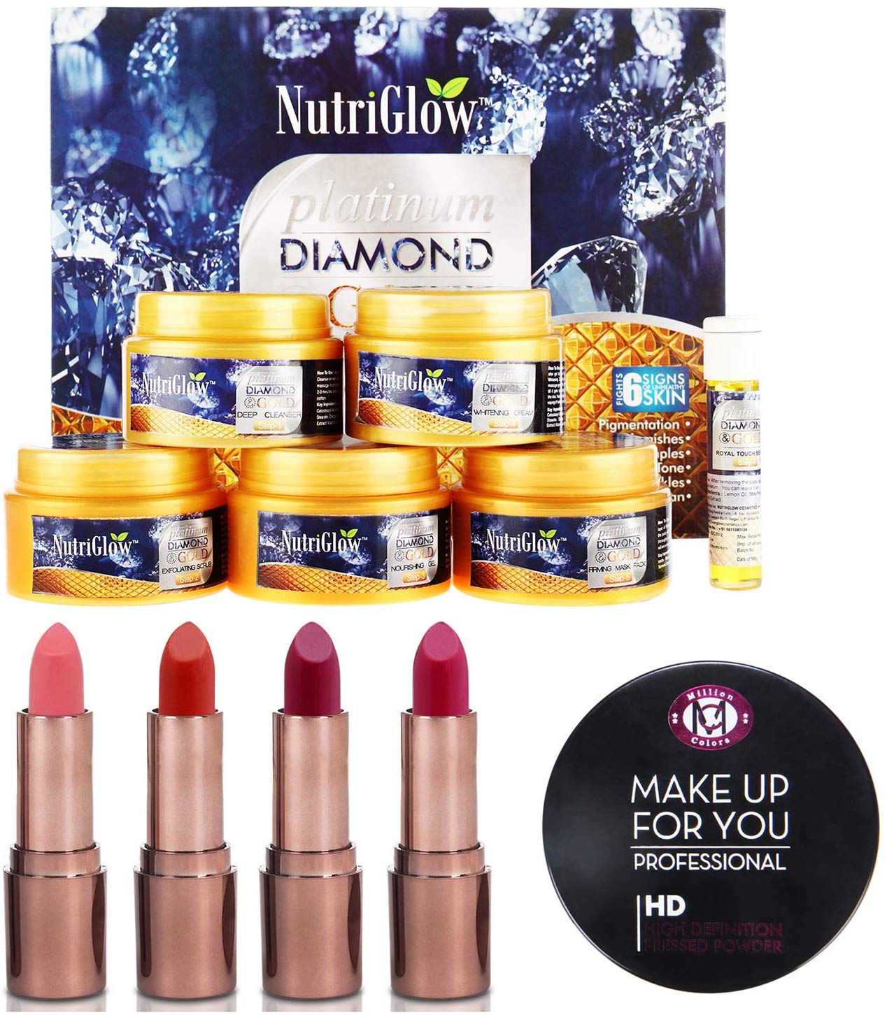 NutriGlow 3 in 1 Facial Kit [100% Natural] with 4-Solid (Peach, Red, Purple & Pink)|Million Colors Compact Powder