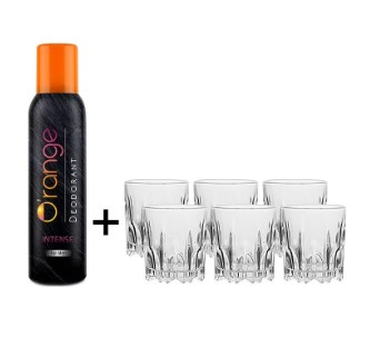 Orange Intense Men's Deodorant With Free  6 Pcs Whisky Glass Set (275 ml, Transparent)