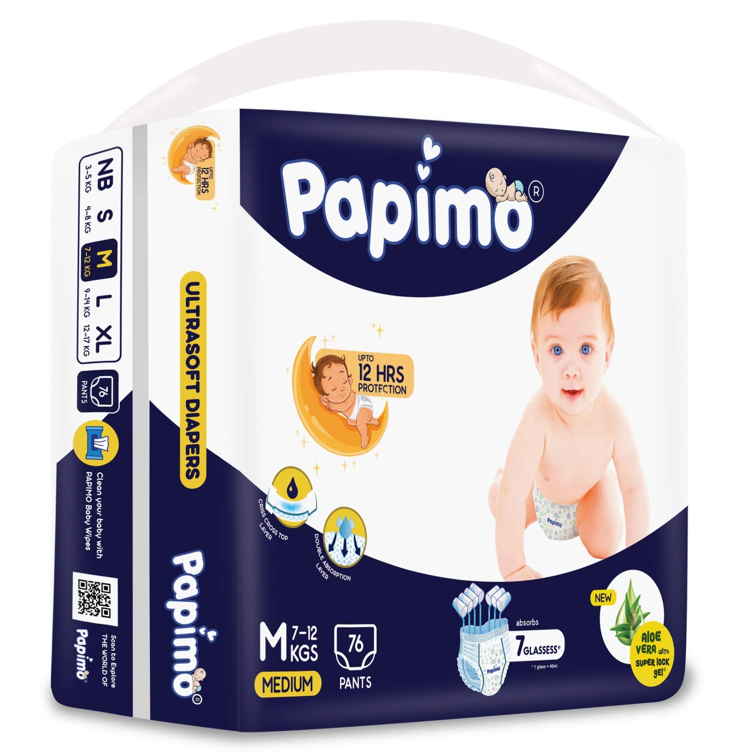 Papimo Baby Pants Diapers With Aloe Vera, Medium, Blue, 76 Count