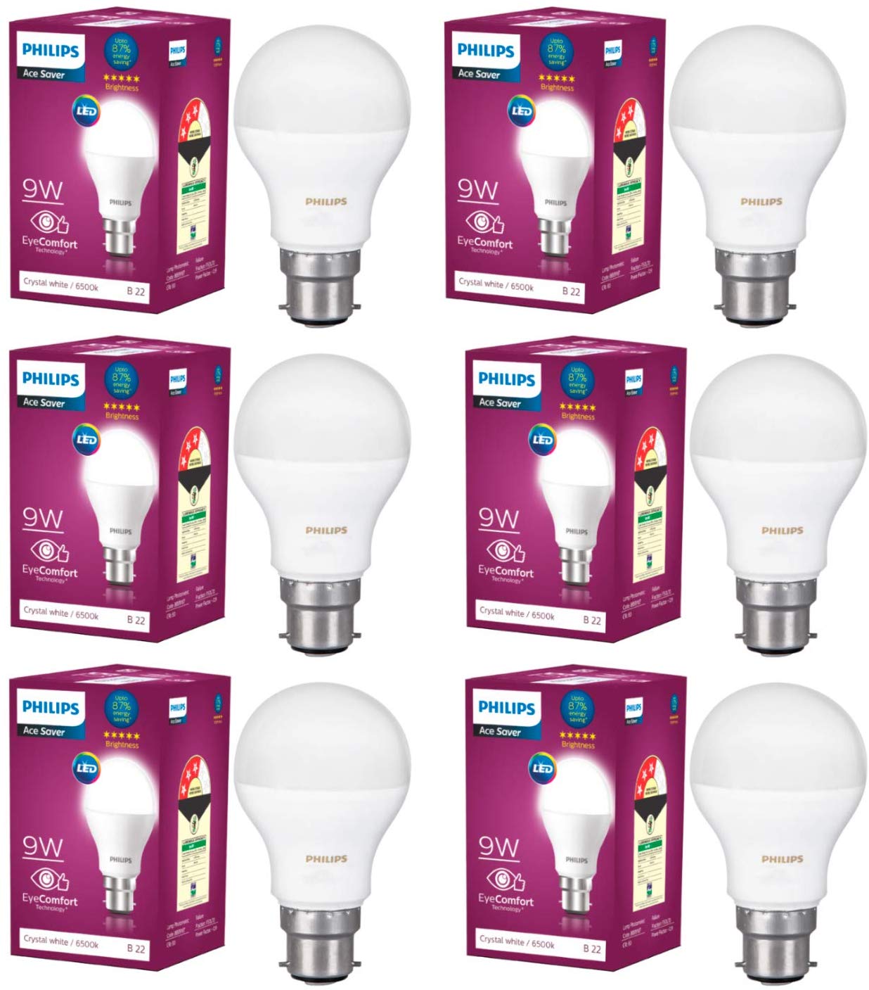 PHILIPS 9W B22 LED White Bulb, Pack of 6