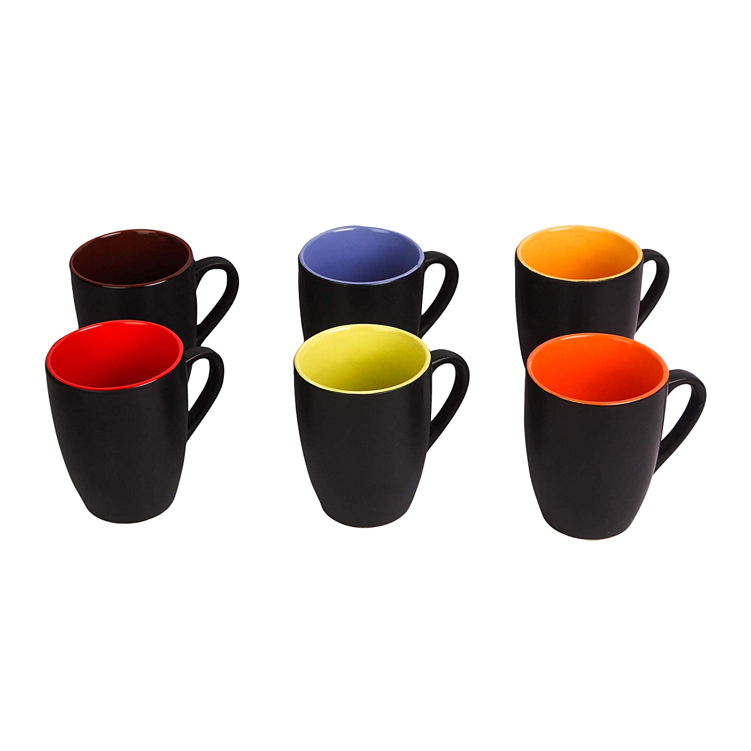 Saavre Hand Made Black Outside Multi-Coloured Ceramic Mugs, Big (Set of 6 Pcs.)