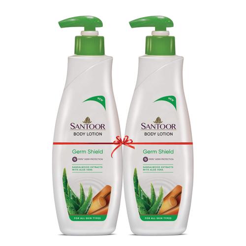 Santoor Germ Shield Body Lotion, 250ml (Pack of 2) with Sandalwood Extracts and Aloe Vera