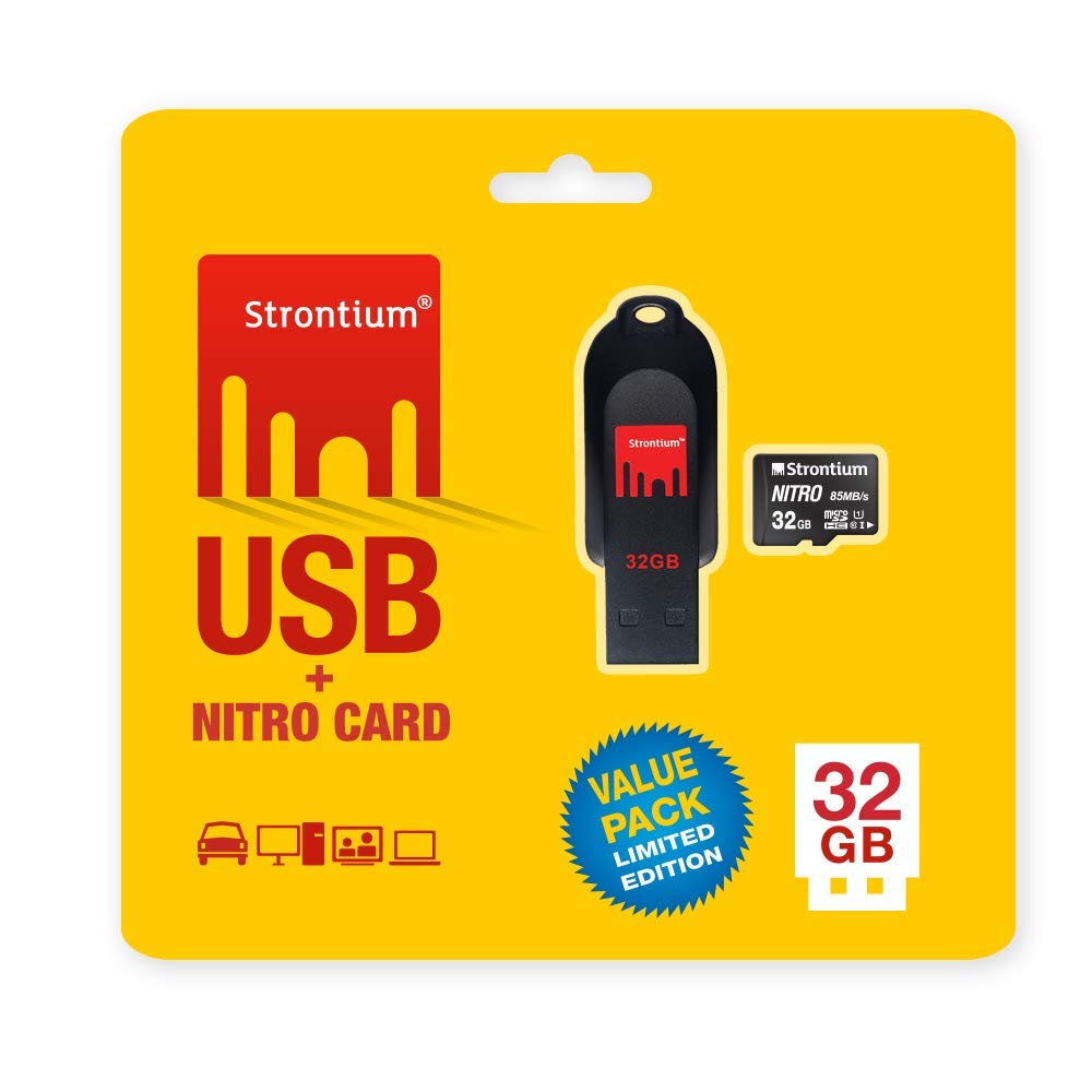 Strontium 32GB USB Pendrive and 32GB Nitro MicroSD 85MBPS- Pack of 2 With 5 Years warranty