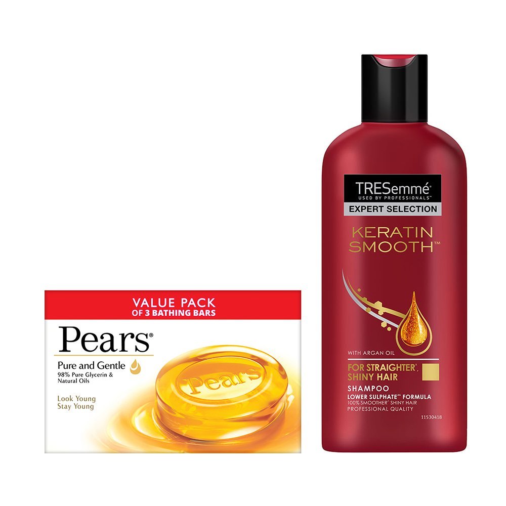 Tresemme Keratin Smooth with Argan Oil Shampoo, 190ml with Pears Pure and Gentle Soap Bar, 125g (Pack of 3)