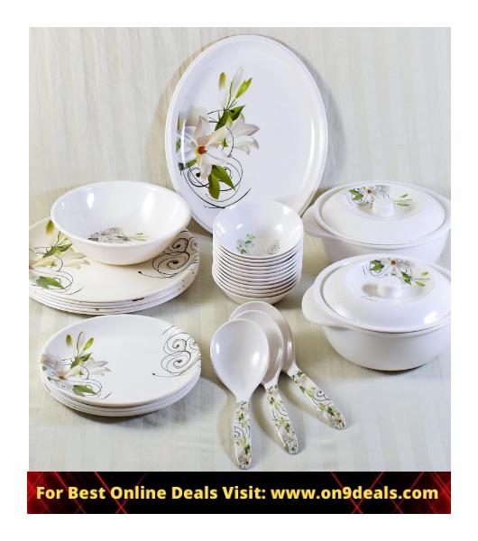 White Flower Print Melamine Dinner Set-Set of 33 @ Rs.1,759