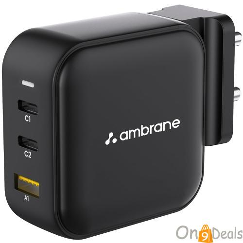 Ambrane 65W Charger Adapter, 3 Ports - 2 Type C & 1 USB