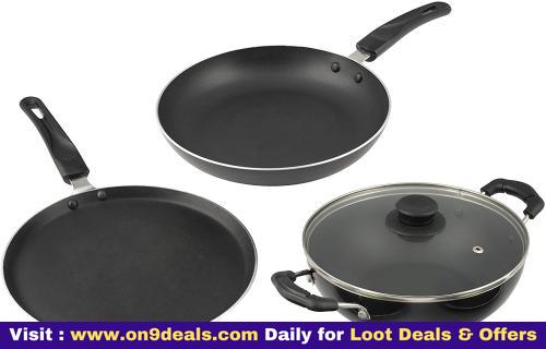 Cresta Aluminium 3 Piece Cookware Set with Lid (Gas Stove Compatible), Sparkle Black