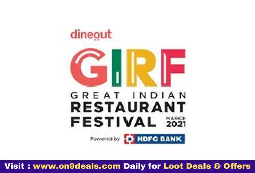 Dineout - Great Indian Restaurant Festival Save Up to 65% on your Food Bill using existing HDFC Bank Cards