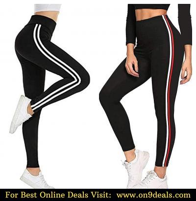 Fitg18 Gym wear Leggings Ankle Length Free Size Combo Workout Trousers | Stretchable Striped Jeggings | Yoga Track Pants for Girls & Women (Black)(Pack of 2)