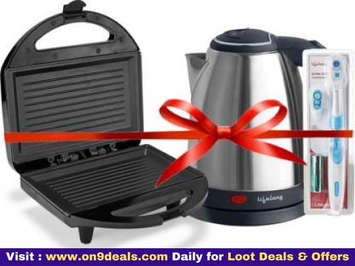 Lifelong Electrified Morning Kit - Electric Kettle (1.5L, Black), Sandwich Maker (750 W) And Electric Toothbrush Super Combo