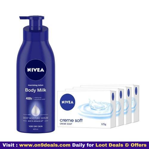 NIVEA Body Milk, Nourishing Lotion (400 ml X 1) & Creme Soft Soap (125 G X 4)
