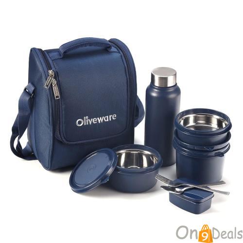 OLIVEWARE Teso Pro Lunch Box With Steel Cutlery, 3 Microwave Safe Inner Steel Containers With Bpa Free Lids