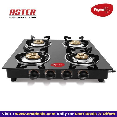 Pigeon by Stovekraft Aster 4 Brass Burner Gas Stove, Cooktop with Glass Top and Stainless Steel body