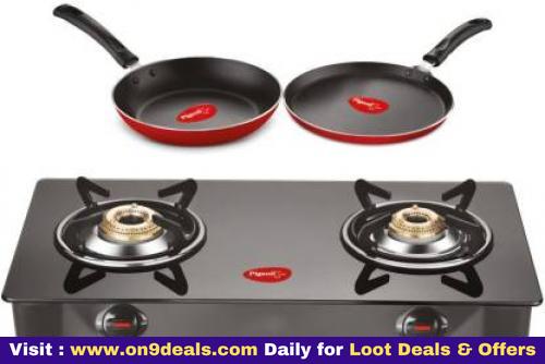 Pigeon Gas Stove Combo - Brunet 2 Burner Gas Cooktop + Flat tawa 250 + Fry Pan 240 Stainless Steel